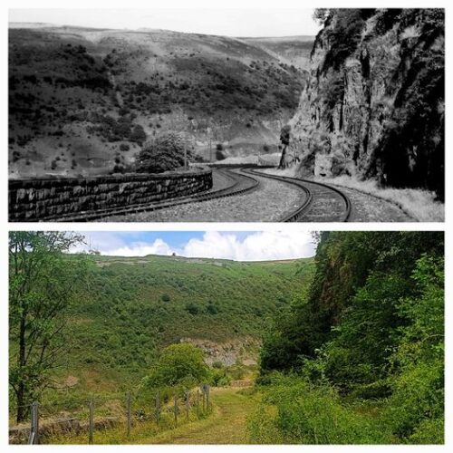 The track of the Merthyr, Tredegar and Abergavenny railway, on much of the site of the earlier Clydach railroad, contrasted with the view as it is now in 2023. Photo courtesy of  Dave Purkiss